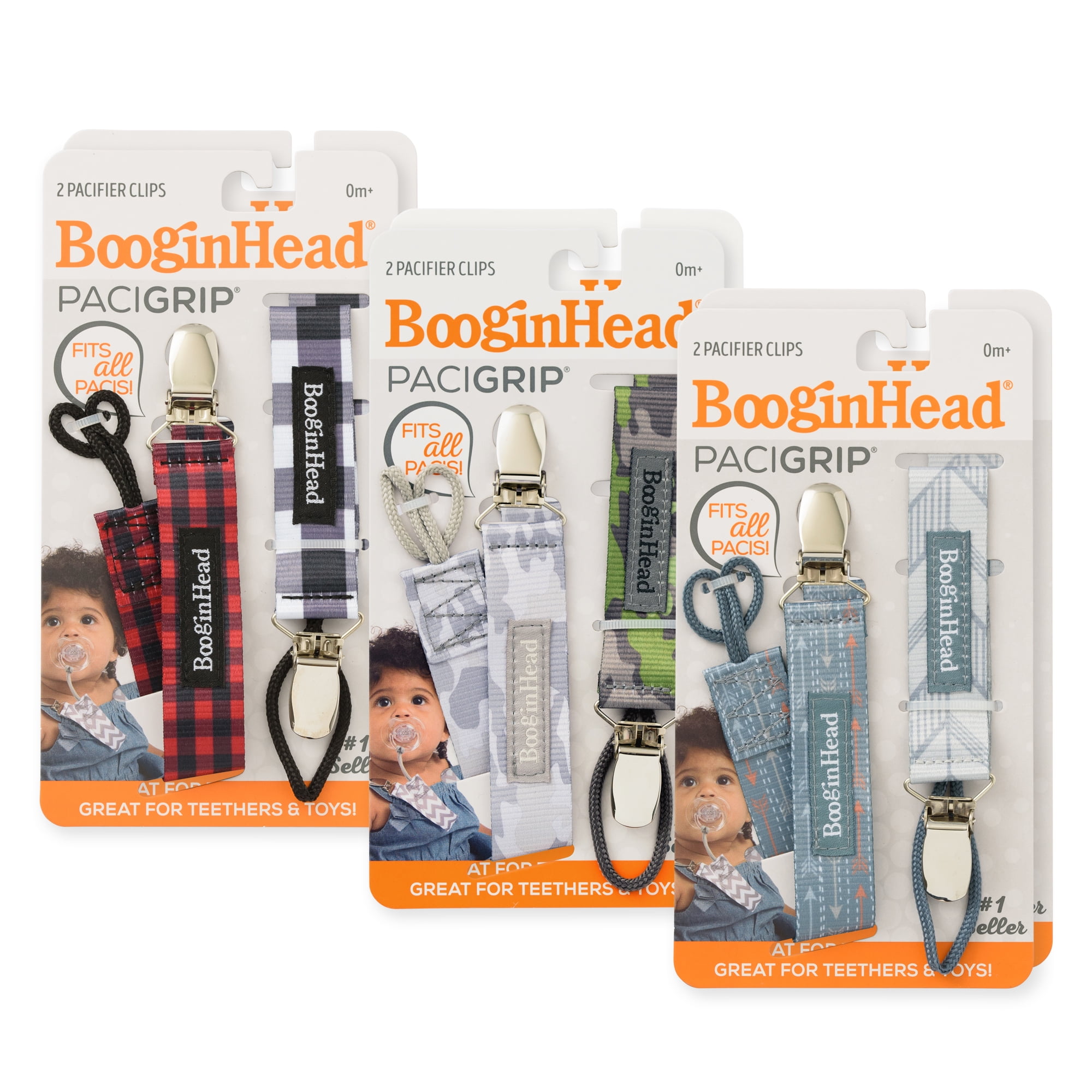 BooginHead Universal Pacifier Clips, Infant Toddler Boys and Girls, Plaid Blue Arrows Camo