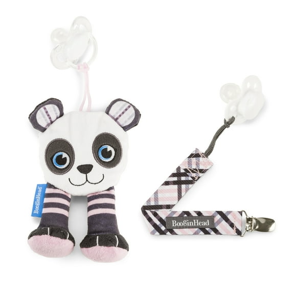 BooginHead Universal Pacifier Holder Stuffed Animal, Infant Toddler Boys and Girls, Pink Panda