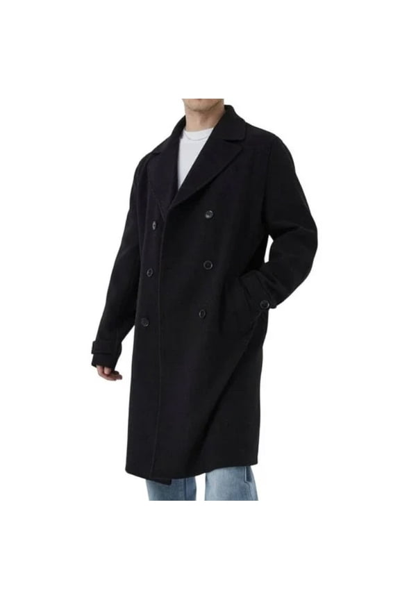 Man Tall Double Breasted Wool Look Overcoat in Black, Size M