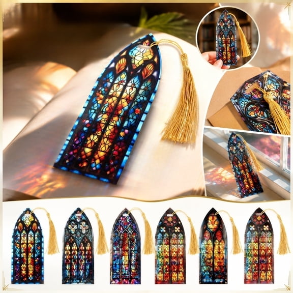 Book Accessories, Stained Glass Acrylic Book Mark with Golden Tassel, Reading Accessories for Book Lovers, Stained Glass Window Design 6X2.5 Inch Translucent Page Marker,