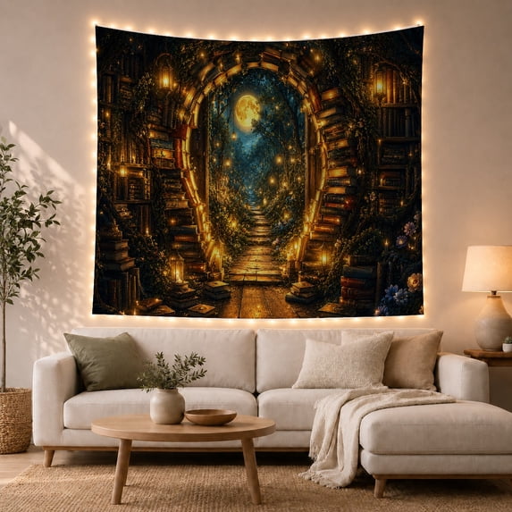 Book Archway with Moonlit Stone Path in Star-Dusted Night, Whimsical Fantasy for Book Lovers, Mystical Garden Wall Art, Housewarming Gift Tapestry Wall Hanging for Study Room and Living Room