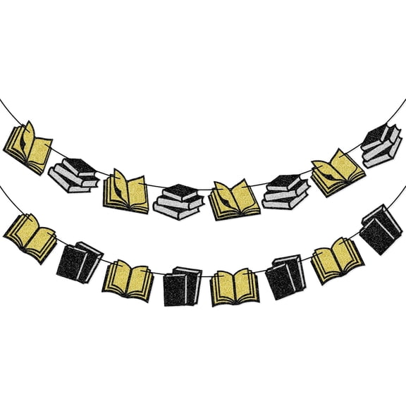 Book Banner, Book Themed Library Decor, PRE-STRUNG Book Party Decorations, Book Decorations, Book Themed Party Decorations, Gold, Black and Silver Glitter