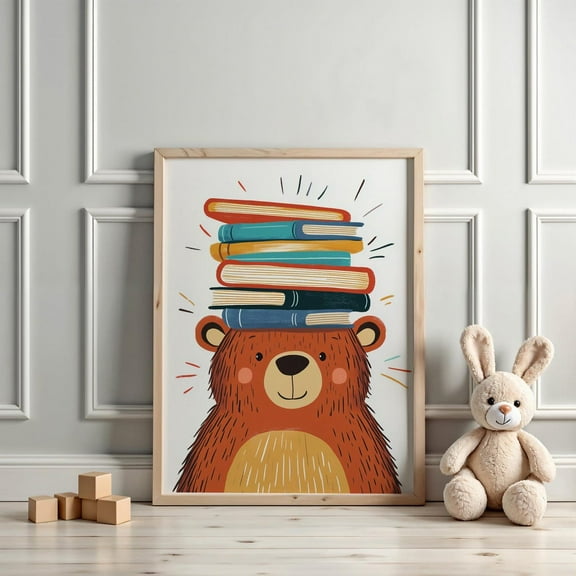 Book Bear, Kids Room Art, Reading Corner Art, Kids Reading Children Educational Reading, Homeschool Decor, Wall Art, Modern Wall Decor, 8x12 UNFRAMED
