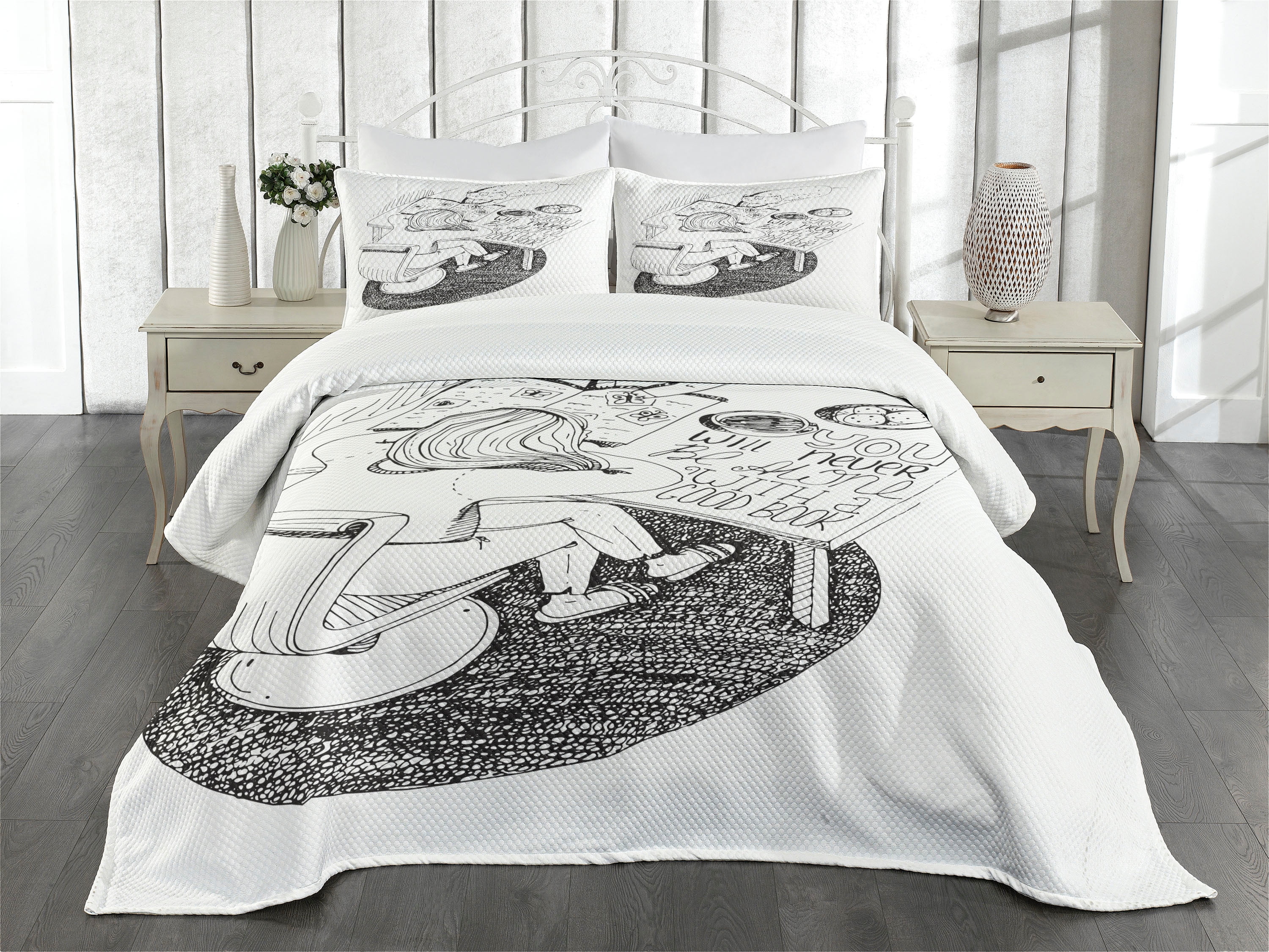 Book Bedspread Set Queen Size, Girl and Cat Reading Book on Desk Hand