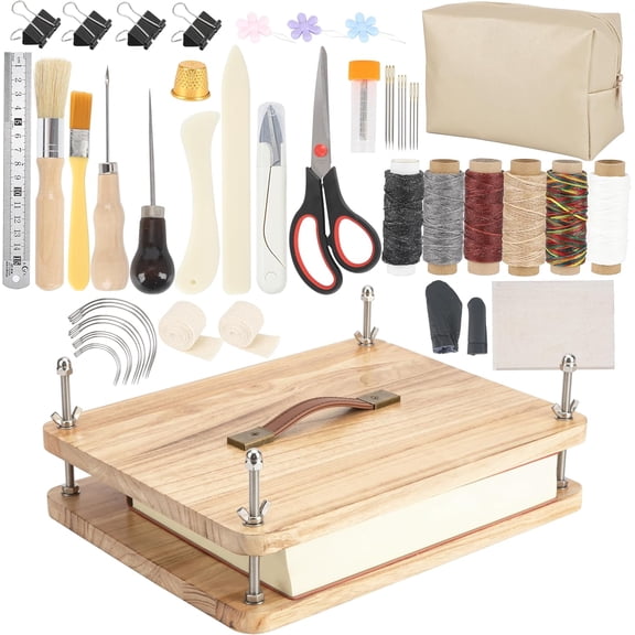 Book Binding Kits, Wooden Book Press,Books Binding Materials, with Bone Folder, Awl, Needles for DIY Bookbinding, BookRepair, Handmade Crafts