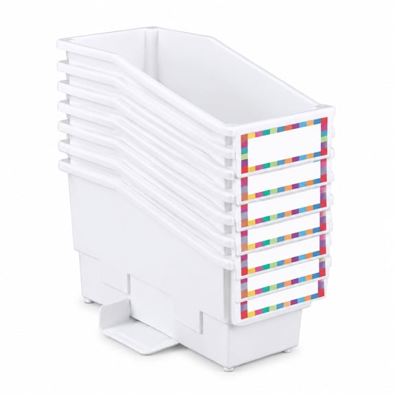 Book Bins with Stabilizer Wings, 6 Pack, White PVC Non-Tip Binder Holders for Classroom and Office Organization