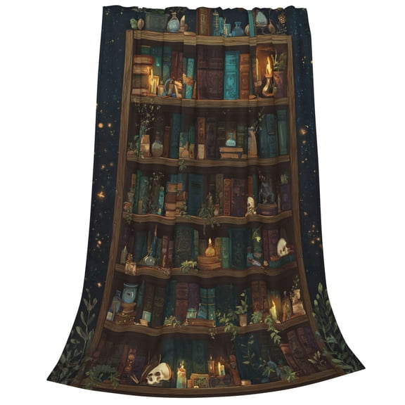 Book Blanket Flannel Gothic Bookshelf Skull Candle Print, Mystery Lovers Gift For Reading Nook 80x60