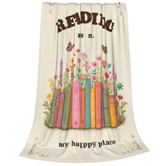 Book Blanket Flannel Happy Place Floral Bookstack, Soft Cozy Throw For Readers 50x40