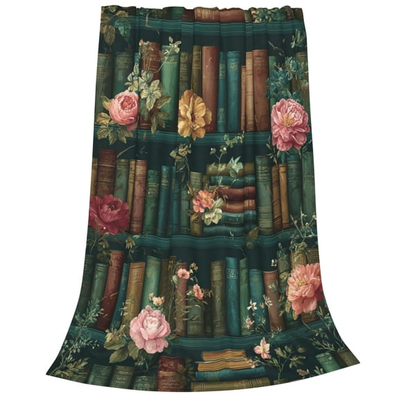 Book Blanket Flannel Vintage Library Bookshelf And Peonies Illustration, Soft Plush Throw For Study, Unique Dark Academia Decor 50x40