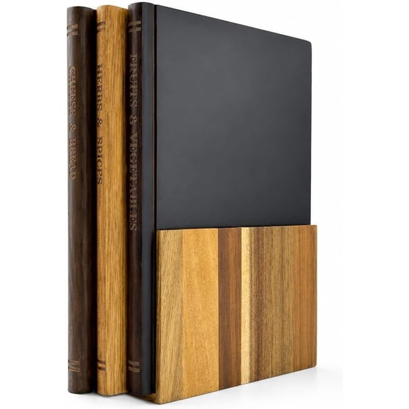 Book Board Set of 3 - Acacia Chopping Boards with Stand, Labeled for Fruits & Vegetables, -Friendly Surfaces, Space-Saving Kitchen Decor for Cooks & Seekers