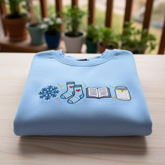 Book Candle Socks Snowflake Embroidered Sweatshirt, Cozy Winter Crewneck, Winter Reading Gift for Her, Bookish Xmas Hoodie