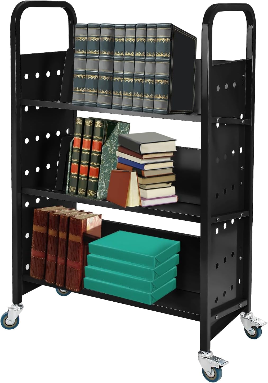 Book Cart, 200LBS 3-Shelf Library Cart, Single Sided V-Shaped Rolling ...