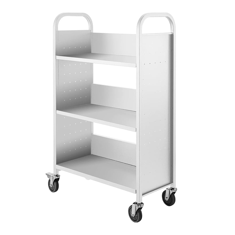White Carbon Steel Rolling Book Cart with Lockable Wheels