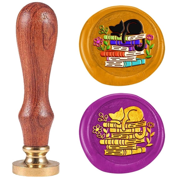 Book Cat Wax Seal Stamp 1" Vintage Sealing Stamps Removable Brass Head Seal Stamp with Wooden Handle for Envelope Greeting Card Wedding Invitations Wine Gift Wrapping