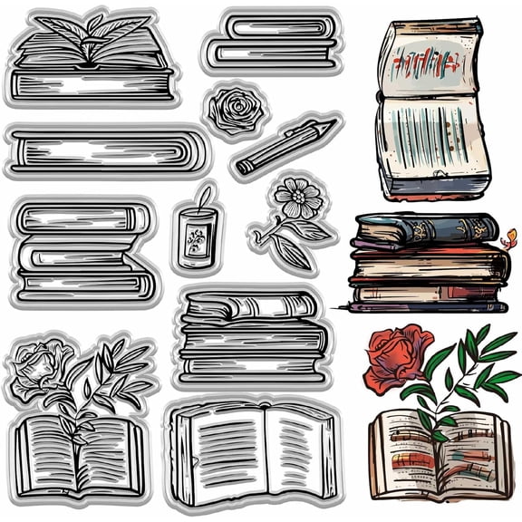 Book Clear Stamp Silicone Rubber Stamps Reading Books Reader Bookshelf Bookcase Reusable Background Seal Stamps for Library Cards Scrapbooking Journaling Card Making Decoration DIY Crafts for diy