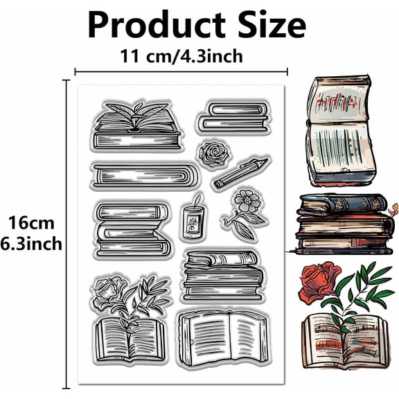 Book Clear Stamp Silicone Rubber Stamps Reading Books Reader Bookshelf Bookcase Reusable Background Seal Stamps for Library Cards Scrapbooking Journaling Card Making Decoration Crafts