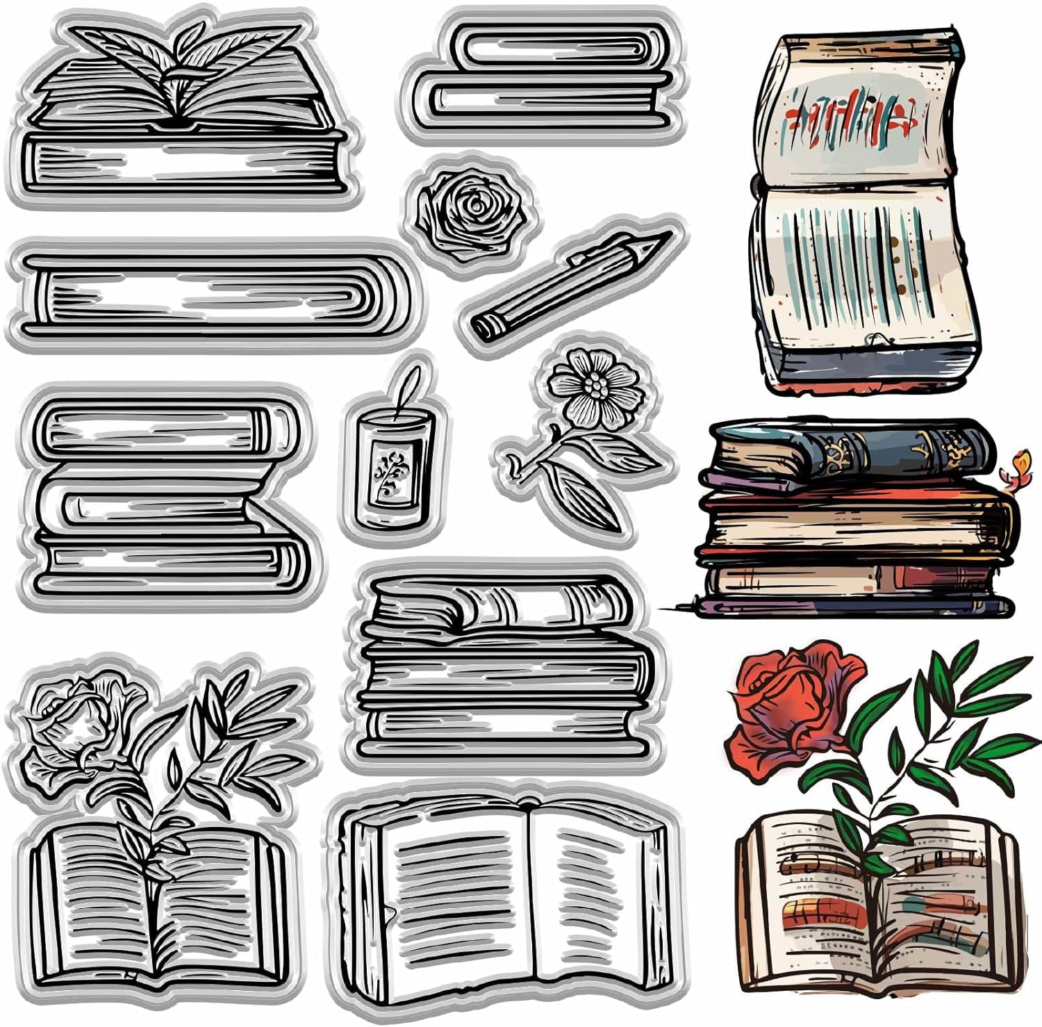 Book Clear Stamp Silicone Rubber Stamps Reading Books Reader Bookshelf ...