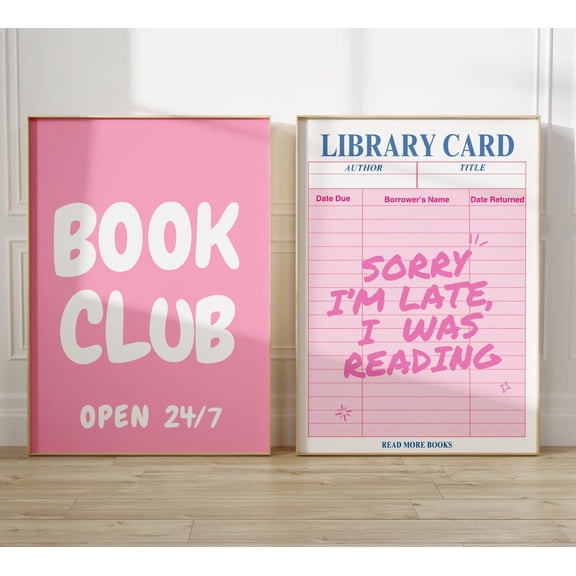Book Club Wall Art Cute Reading Corner Prints Book Lovers Library Decor Set 2 Stretched Canvas 16x24