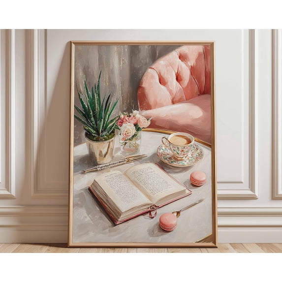 Book Coffee Pink Reading Nook Wall Art Print, Unframed Paper Poster 11x14in