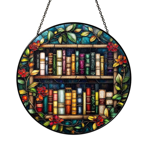 Book Collection Stained Glass Style Suncatcher, Decorative Window Hanging with Library Scene