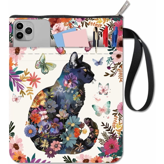 Book Cover Flower Cat Book Sleeve Cloth Washable Floral Butterfly Cats Printed Books Notebook Paperback Bag with Zipper and Extra Sleeve Pocket for Textbook Christmas Classmates Women Readers