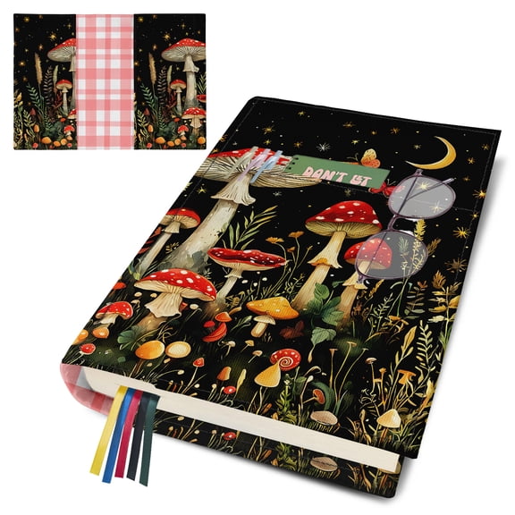 Book Cover Protector for Paperback,Adjustable Soft Canvas Fabric Book Cover with Pocket Bookmark,Double Side Print Book Dust Jacket Covers for Hardcover Book Lovers Gift Mushroom L