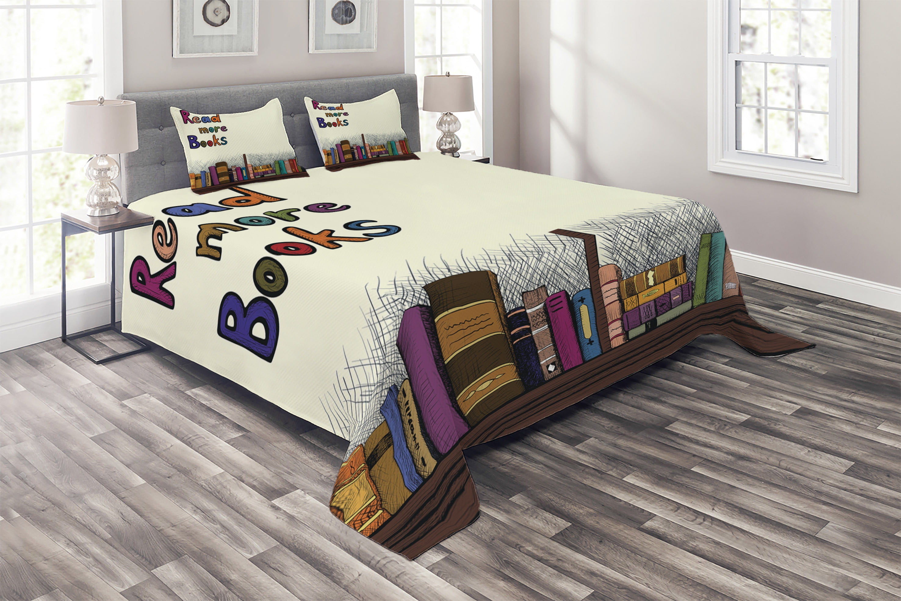 Book Coverlet, Read More Books Words Printed on Sketch Background with