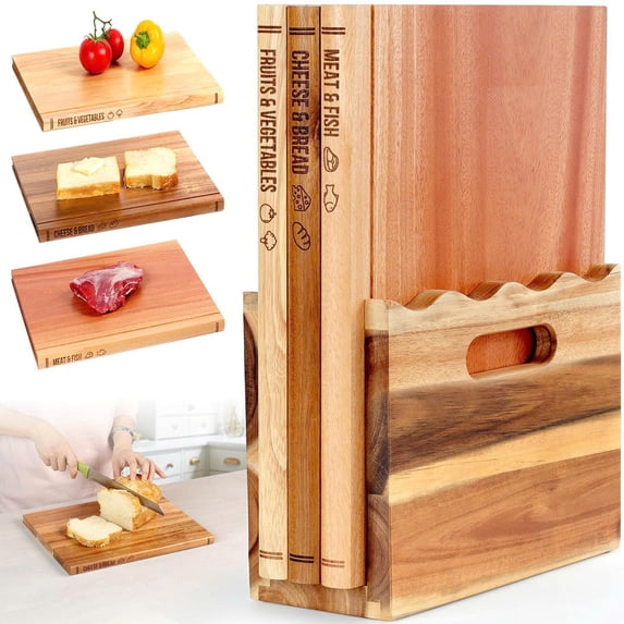 Book Cutting Board Set of 3 with Stand-The Cutting Board Library, Solid Wood Book-Shaped Boards for Serving & Display, Labeled Meat & Fish, Bread & Cheese, Fruits&Vegetables-Decorative Cutting Boards
