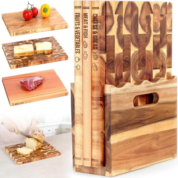 Book Cutting Board Set of 3 with Stand-The Cutting Board Library, Solid Wood Book-Shaped Boards for Serving & Display, Labeled Meat & Fish, Bread & Cheese, Fruits&Vegetables-Decorative Cutting Boards
