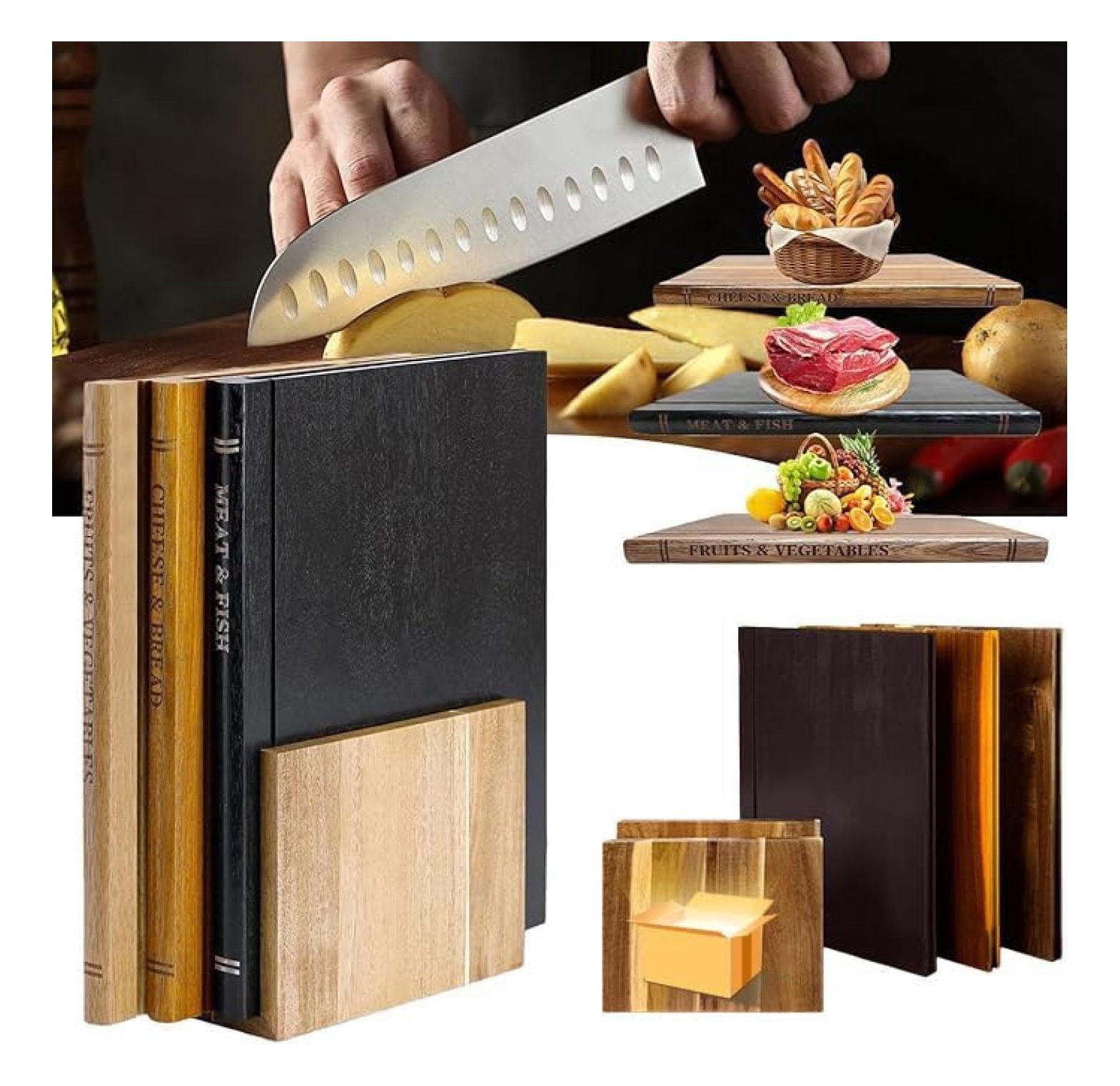 Book Cutting Board Set of 3 with Stand（𝟒-𝟖 𝑫𝑨𝒀 𝑫𝑬𝑳𝑰𝑽𝑬𝑹𝒀）Wooden Book ...