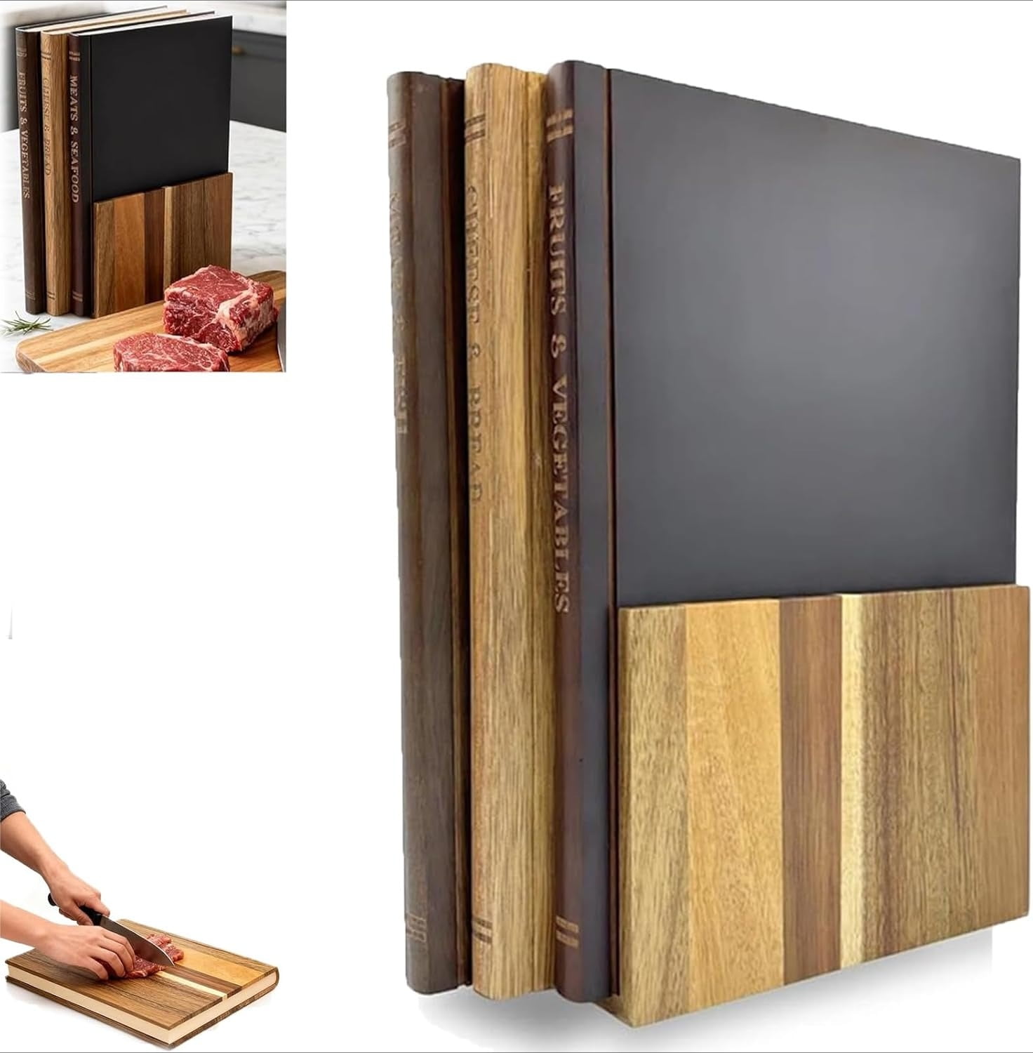 Book Cutting Board Set, Cutting Boards That Look like Books of 3 with Stand, Solid Walnut Library Style Serving Boards for the Books Loving Chef, Decorative Cookbook Style Serving