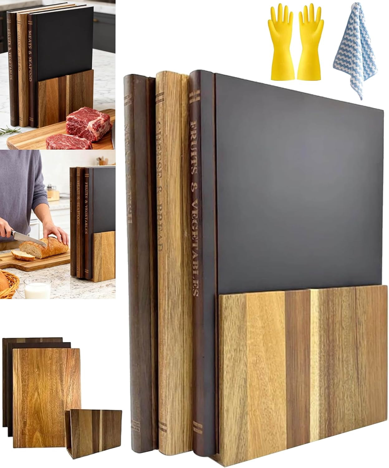 Book Cutting Board Set, Cutting Boards That Look like Books, Solid Walnut Cutting Board Book Set with Stand, Book Shaped Cutting Board Disguise Your Cutting Boards as Vintage Books (1Set)