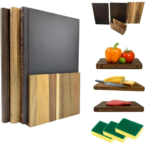 Book Cutting Board Set,Cutting Boards That Look like Books,Wooden Kitchen Chopping Boards Set of 3 with Stand,Tray for Cheese,Bread,Vegetables,Decorative Cookbook Style Serving for Parties & Home