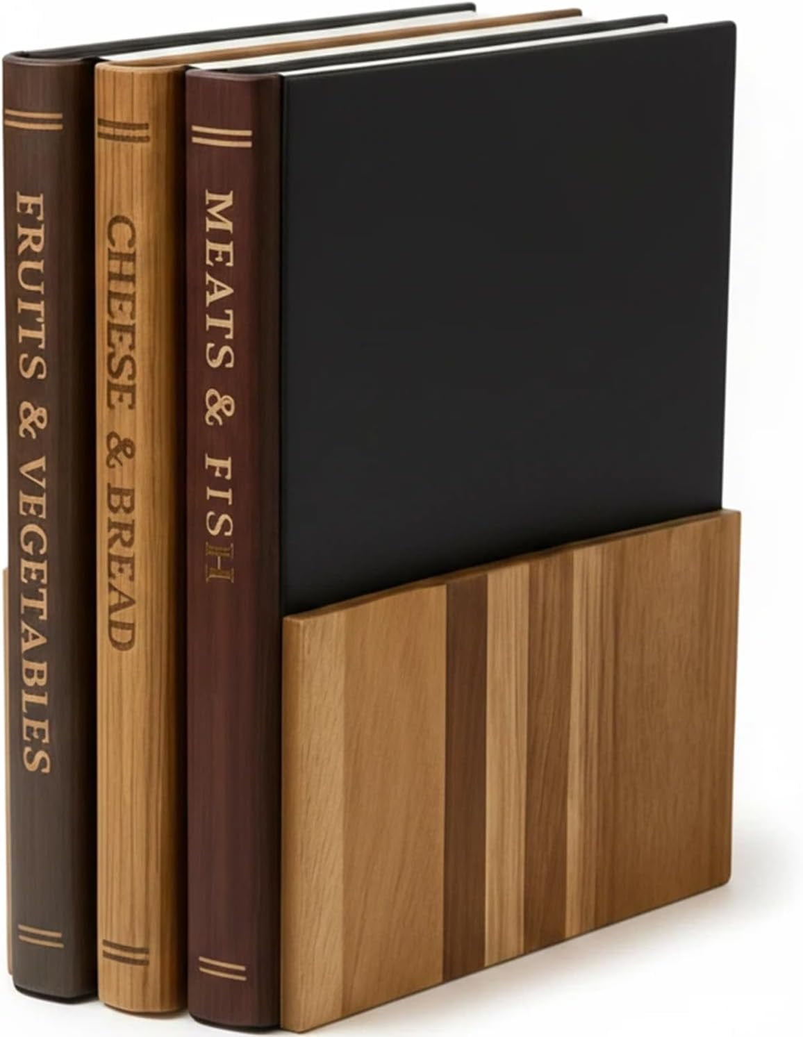 Book Cutting Board Set with Stand - Wooden Library Shaped Chopping Boards That Look Like Books, Labeled Meat, Fish, Cheese & Bread, Fruits & Vegetables, Decorative Kitchen Cutting Boards