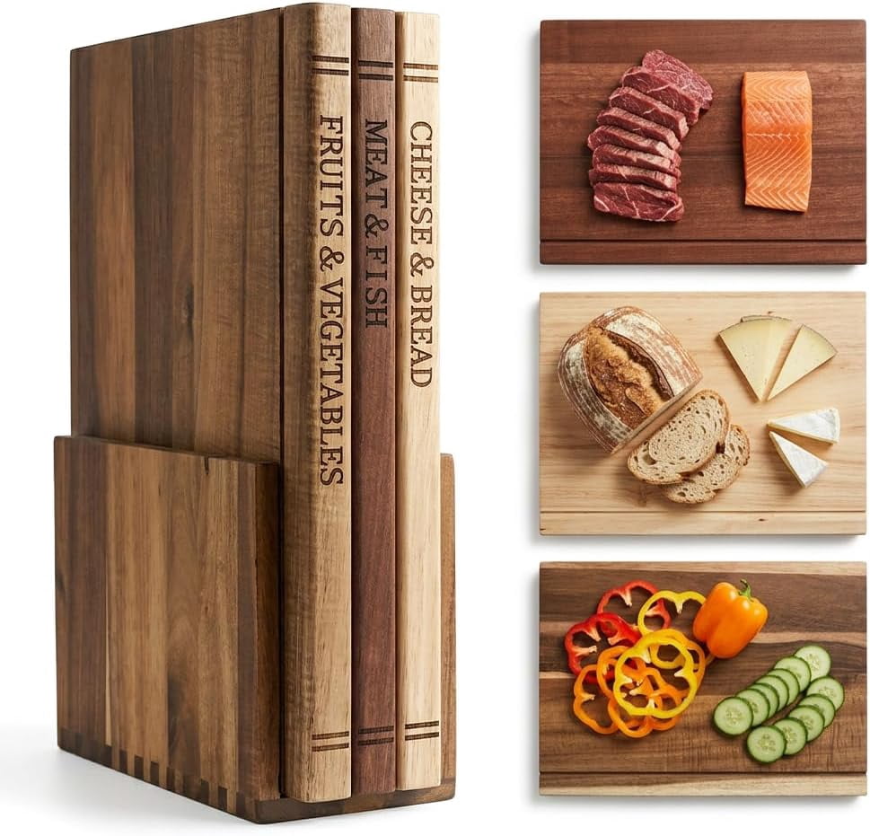 Book Cutting Board Set with Stand Engraved Labels for Kitchen