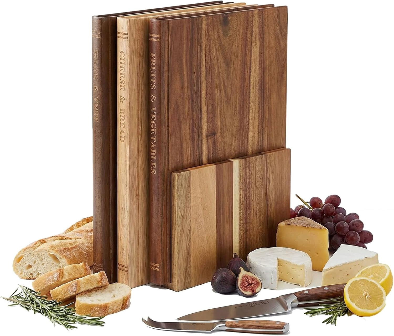 Book Cutting Board Set, wooden book cutting board set，3 Piece Acacia Wood Cutting Boards That Look Like Books with Stand, Decorative Library Kitchen Decor, Wooden Charcuterie Platter