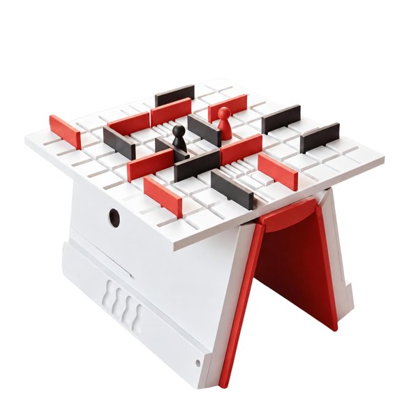 Book Design Square-Grid Strategy Board Game with Upright Barrier Grooved and Integrated Game-Piece Storage for Organized Tabletop Layout