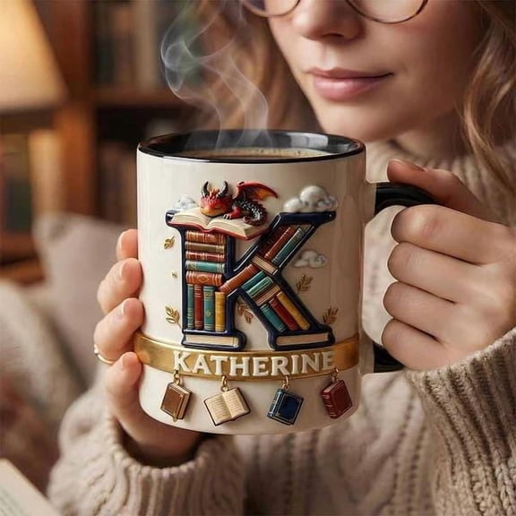 Book Dragon Alphabet Mug 3D Embossed Personalized Gift for Book Lovers