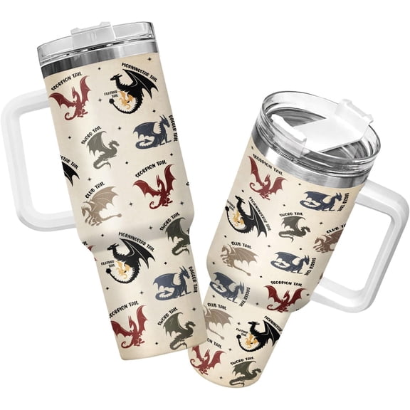 Book Dragon Tumbler 40oz with Handle and Straw, It's Books Fantasy Dragons Design Stainless Steel Insulated Travel Mug, Bookish Items, Book Lover Gift for Readers & Him Her