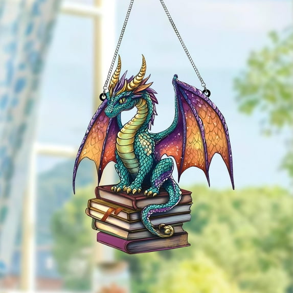Book Dragon Window Hanging Ornament, NOT Glass, Fantasy Dragon Ornament, Dragon ACRYLIC Wall Art Decoration, Bookish Home Decor,Dragon Lover