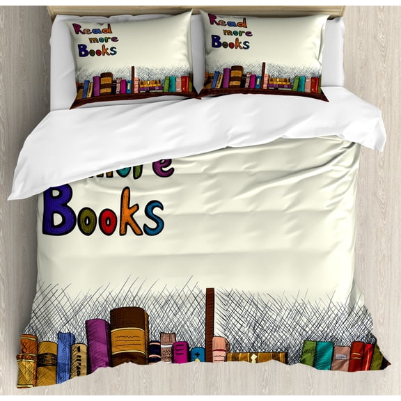 Book Duvet Cover Set King Size, Read More Books Quote Printed on Sketch Background with Colorful Books on a Shelf, Decorative 3 Piece Bedding Set with 2 Pillow Shams, Multicolor, by Ambesonne