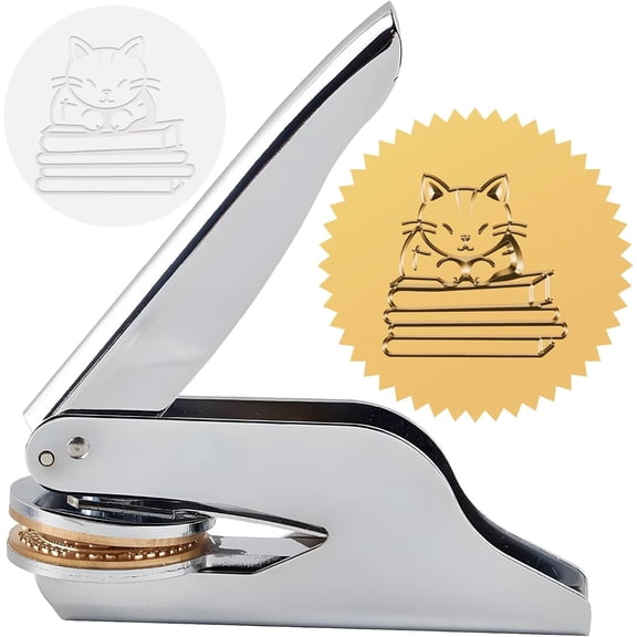 Book Embosser Seal Stamp Cat and Book Stainless Steel Library Stamp Hand Held Embossing Seal Notary Embosser with Plastic Box