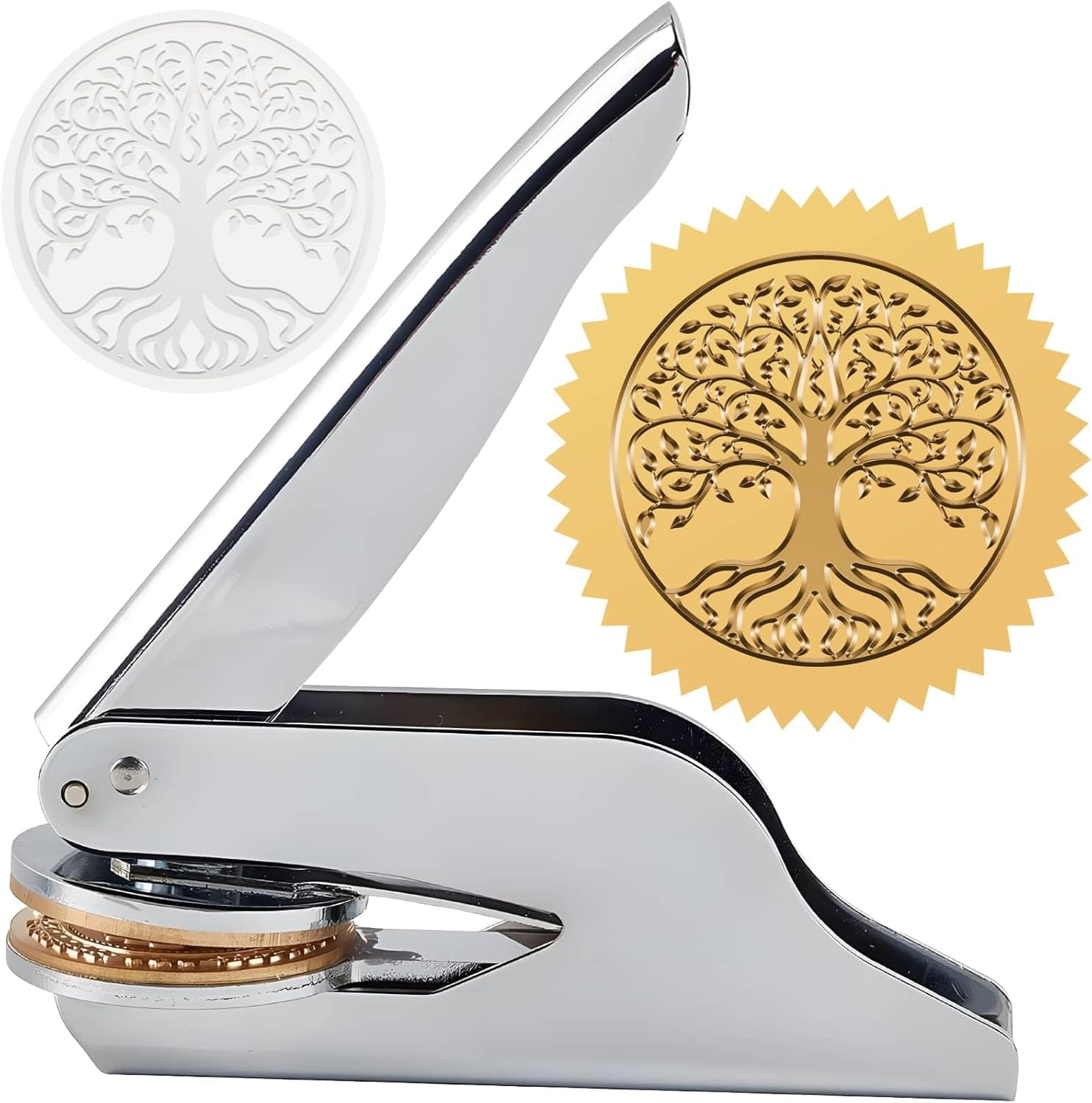 Book Embosser Seal Stamp Tree of Life Stainless Steel Library Stamp Hand Held Embossing Seal Notary Embosser with Plastic Box