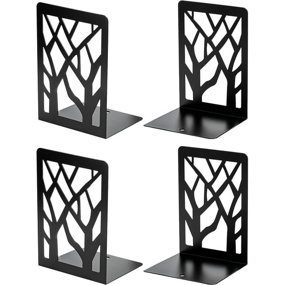 Book Ends 2 Pairs, Tree Design Modern Metal Bookends for Shelves, Heavy Duty Metal Book Stopper for Home Office, Black(4 Pack)