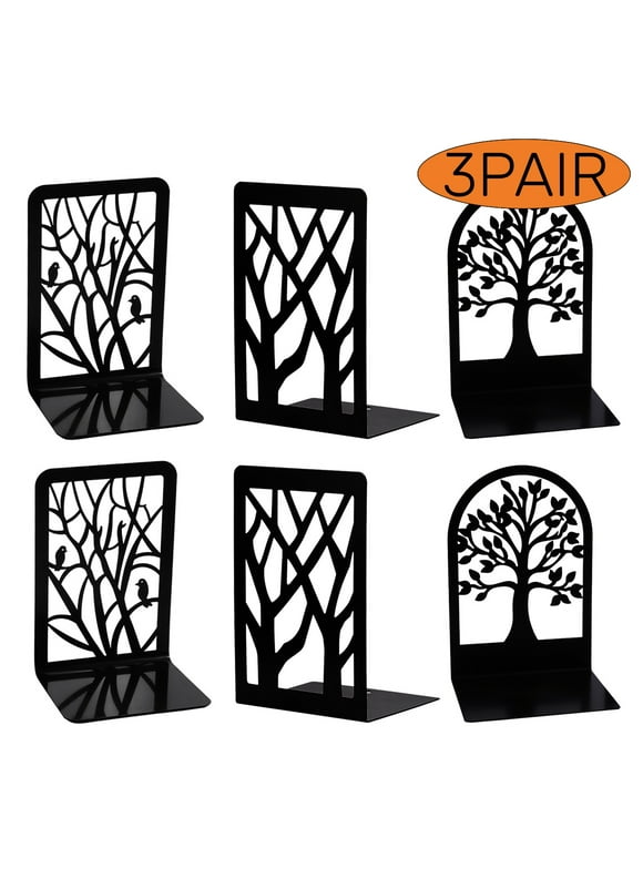 Book Ends Bookends for Shelves Metal Tree Bookend Stopper for Heavy Books, Black Book Organizer Holders for Home Office Decor Large 3 Pairs