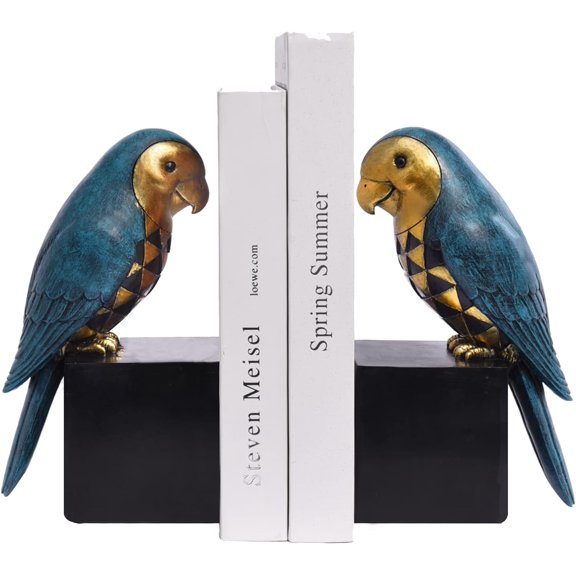 Book Ends Decorative, Parrot Bookends for Shelves, Animal Book Stopper Decorative, Retro Book Ends for Heavy Books, Bird Figurines Statues Indoor, Unique Book Lover Gift(Blue Parrot)