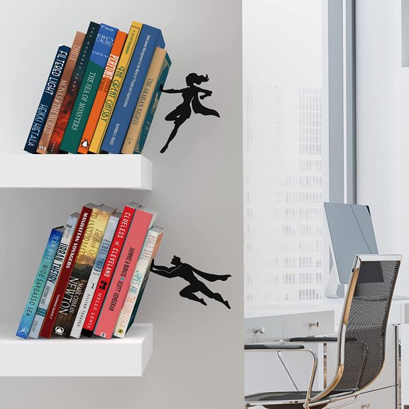 Book Ends to Hold Books Heavy Duty Hidden Metal Bookends for Shelves Bookend Book Holder for Home Decorative Gift for Book End Lovers and Home Décor (Supergal+Book&Hero)
