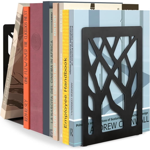 Book Ends Tree Design Modern Bookends for Shelves, Non-Skid Bookend, Heavy Duty Metal Book Stopper for Books/DVDs, Decorative CD Holder & Video Game Organizer, 7 x 4.7 x 3.5, Black