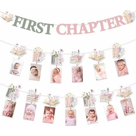 Book First Birthday Decor Girl First Chapter Banner Garlands Book Birthday Photo Banner Storybook 1st Monthly Photograph Banners for Pink Green Floral Reading Club Library Party