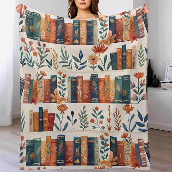 Book and Flower Flannel Blanket 50" x 60", Cozy Throw with Colorful Bookshelf and Floral Pattern on Cream,Soft Lightweight Gifts Blankets for Women,Book Lovers,Girls,Home Decor